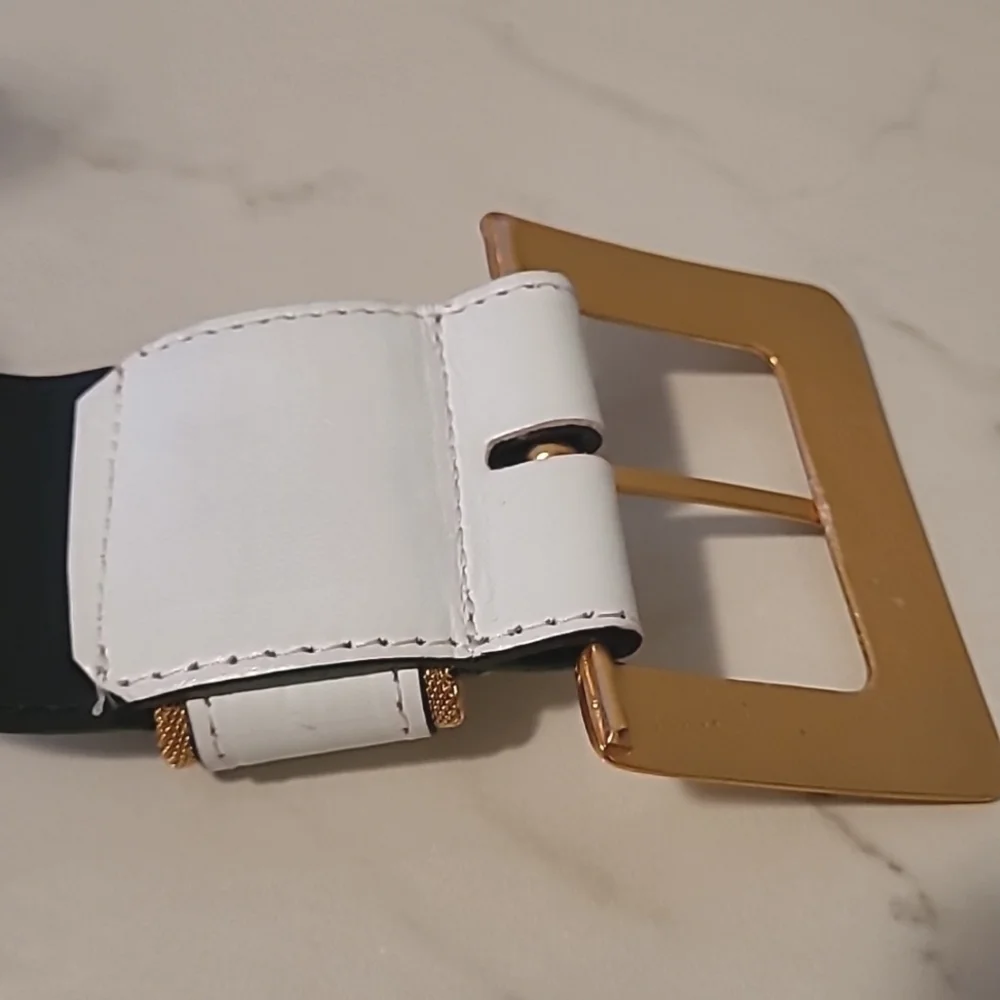 VR San Marcos White Leather Gold Square Hammered Metal Details Belt Sz L 28-32